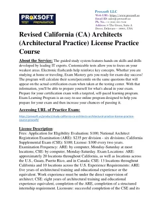 Revised California (CA) Architects (Architectural Practice) License Practice Cou
