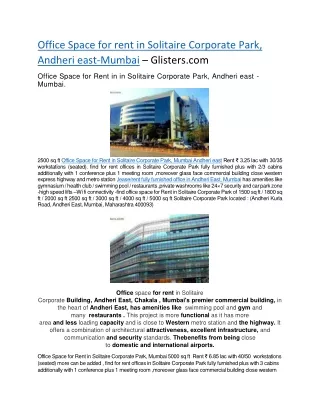 Office Space for rent in Solitaire Corporate Park, Andheri east-Mumbai
