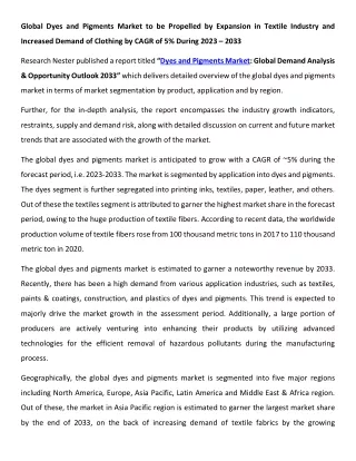 Dyes and Pigments Market Growth 2023-2033