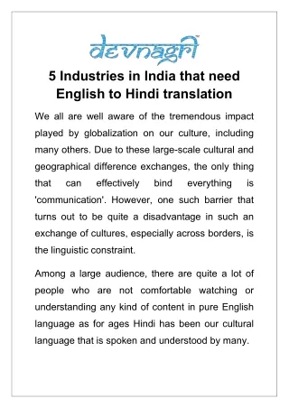 5 Industries in India that need English to Hindi translation