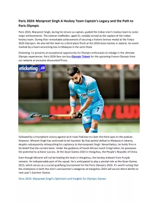 Paris 2024 Manpreet Singh A Hockey Team Captain's Legacy and the Path to Paris Olympic