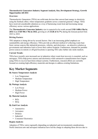 Thermoelectric Generators Industry Segment Analysis, Size, Development Strategy,