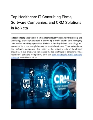 Top Healthcare IT Consulting Firms, Software Companies, and CRM Solutions in Kolkata