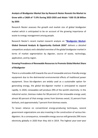 Biodigester Market Growth 2023-2035