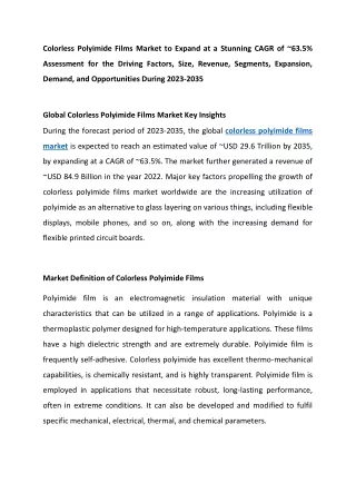 Colorless Polyimide Films Market Shares 2023-2035