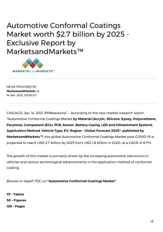 Automotive Conformal Coatings Market worth $2.7 billion by 2025 - Exclusive Report by MarketsandMarkets™