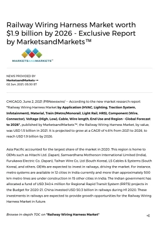 Railway Wiring Harness Market worth $1.9 billion by 2026 - Exclusive Report by MarketsandMarkets™