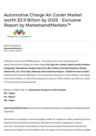 Automotive Charge Air Cooler Market worth $3.9 Billion by 2026 - Exclusive Report by MarketsandMarkets™