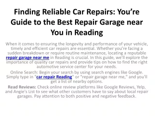 Finding Reliable Car Repairs You’re Guide to the Best Repair Garage near You in Reading