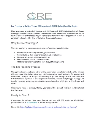 Egg Freezing in Dallas, Texas, CRE (previously SIRM-Dallas) Fertility Center