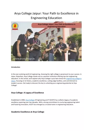 Arya College Jaipur: Your Path to Excellence in Engineering Education