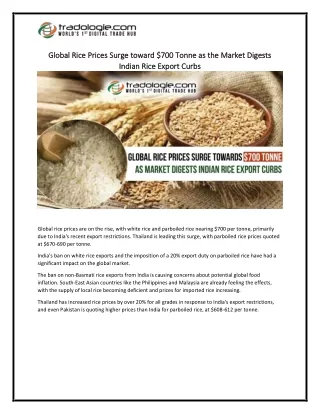 Global Rice Prices Surge toward $700 Tonne as the Market Digests Indian Rice Export Curbs