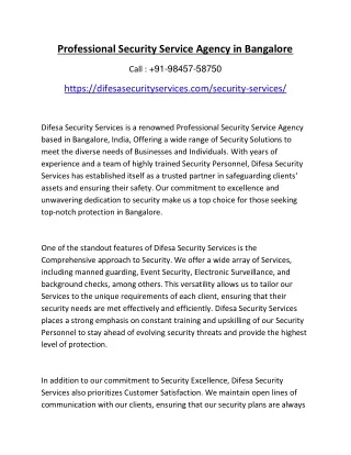 Professional Security Service Agency in Bangalore