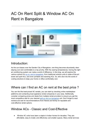 AC On Rent Split & Window AC On Rent in Bangalore