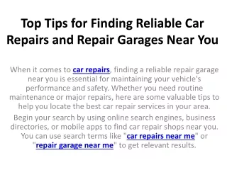 Top Tips for Finding Reliable Car Top Tips foRepairs and Repair Garages Near You