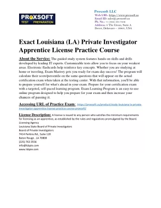 Exact Louisiana (LA) Private Investigator Apprentice License Practice Course