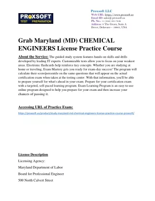 Grab Maryland (MD) CHEMICAL ENGINEERS License Practice Course