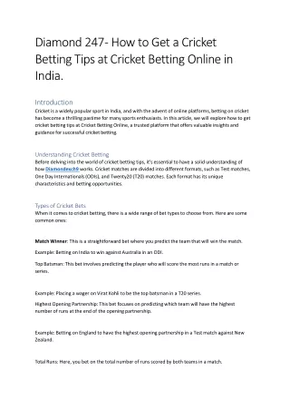 Diamond 247 - How to Get a Cricket Betting Tips at Cricket Betting Online in India.