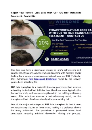 Regain Your Natural Look Back With Our FUE Hair Transplant Treatment - Contact Us