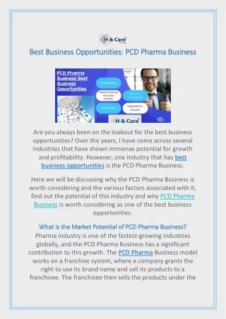 Best Business Opportunities: PCD Pharma Business