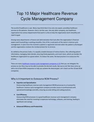 Top 10 Major Healthcare Revenue Cycle Management Company