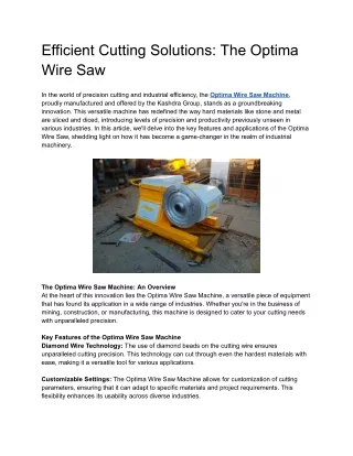Efficient Cutting Solutions: The Optima Wire Saw