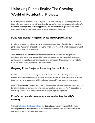 Unlocking Pune's Realty: The Growing World of Residential Projects