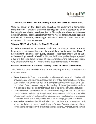 Features of CBSE Online Coaching Classes for Class 12 in Mumbai