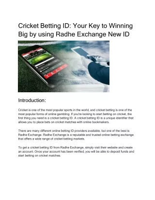 Cricket Betting ID_ Your Key to Winning Big by using Radhe Exchange New ID