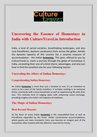 Uncovering the Essence of Homestays in India with CultureTravel.in Introduction