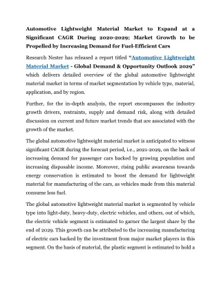 Automotive Lightweight Material Market to Expand at Significant CAGR During 2029