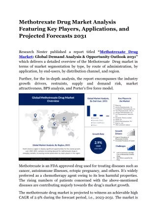 Methotrexate Drug Market Analysis, Statistics By Top Manufacturers 2023 to 2031