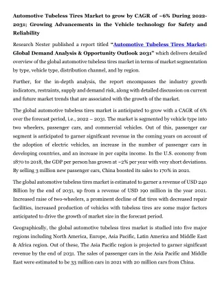 Automotive Tubeless Tires Market Demand Analysis & Opportunity Outlook 2031