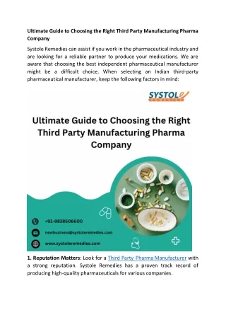 Ultimate Guide to Choosing the Right Third Party Manufacturing Pharma Company