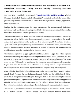 Elderly Mobility Vehicle Market Global Demand Analysis & Opportunity Outlook2030