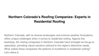 Northern Colorado's Roofing Companies: Experts in Residential Roofing