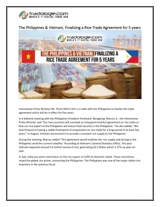 The Philippines & Vietnam, Finalizing a Rice Trade Agreement for 5 years