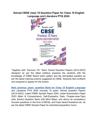 Best CBSE Solved Previous Year Question paper English Class 10 for 2024 Exams