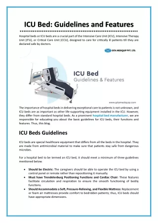 ICU Bed : Guidelines And Features