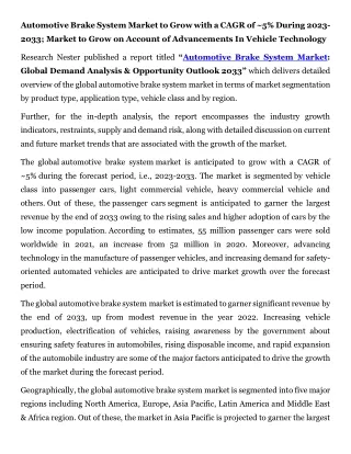 Automotive Brake System Market Global Trends, Opportunity And Forecast- 2033