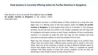 Peak Systems Is Currently Offering Voltas Air Purifier Machine In Bangalore