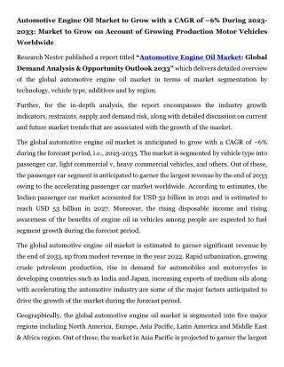 Automotive Engine Oil Market Industry Outlook  2033