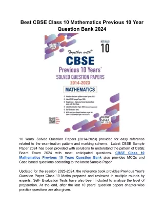 Together with’ CBSE Class 10 Mathematics Previous 10 Years’ Solved Papers 2024