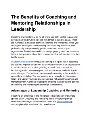 The Benefits of Coaching and Mentoring Relationships in Leadership