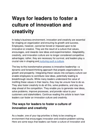 Ways for leaders to foster a culture of innovation and creativity