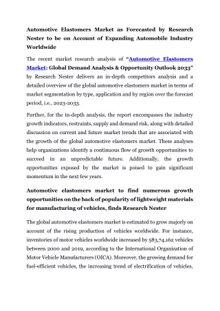 Automotive Elastomers Market Global Industry Analysis2033