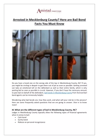 Amistad Bail and Immigration Bonds - Arrested in Mecklenburg County Here are Bail Bond Facts You Must Know
