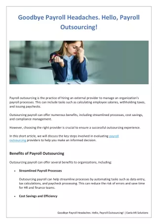 Goodbye Payroll Headaches. Hello, Payroll Outsourcing!