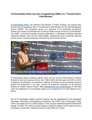 N Chandrababu Naidu has been recognized by USIBC as a "Transformative Chief Mini