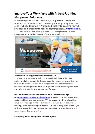 Improve Your Workforce with Ardent Facilities Manpower Solutions.